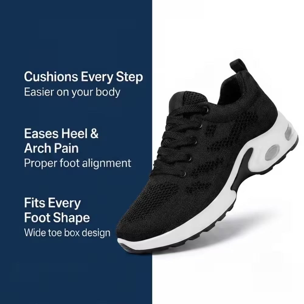 Black knit lace-up athletic sneaker side view with white outsole and air-cushion detail