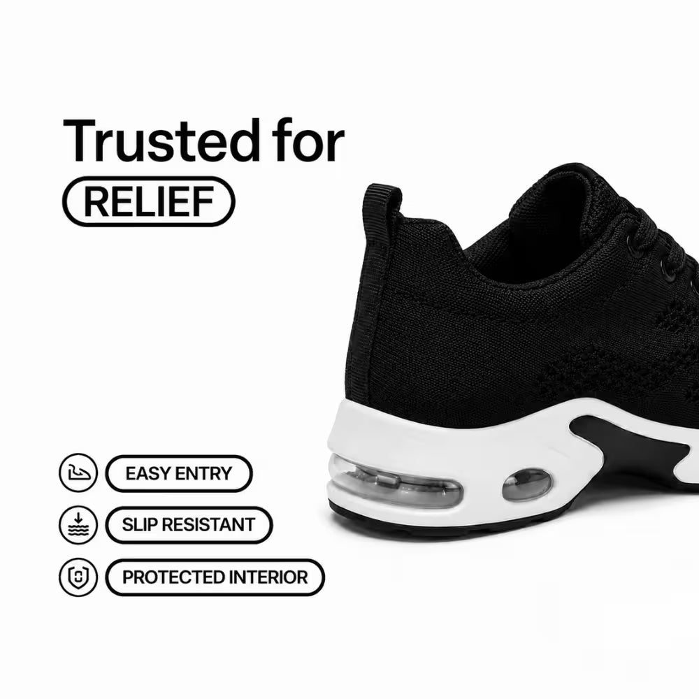 Black knit athletic sneaker heel with white outsole and air-cushion unit detail