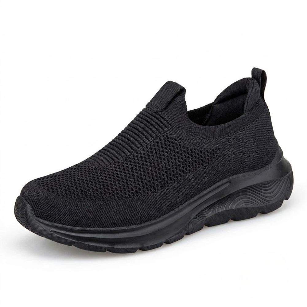 Cloud-Step Slip-In black knit slip-on sneaker with dark cushioned sole