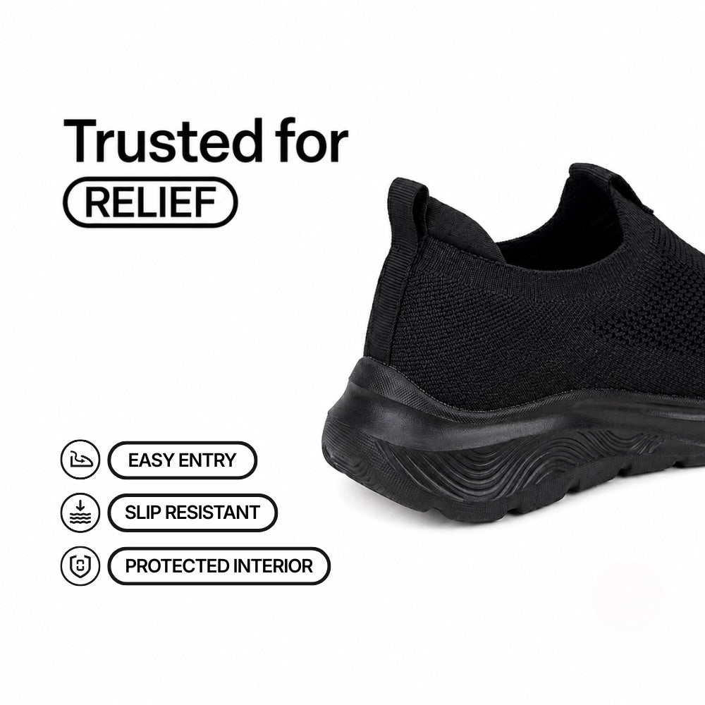 Cloud-Step slip-in shoe, black knit upper with cushioned thick sole