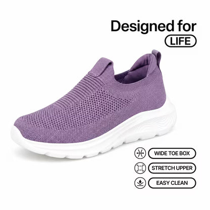Purple knit slip-in sneakers with cushioned white sole