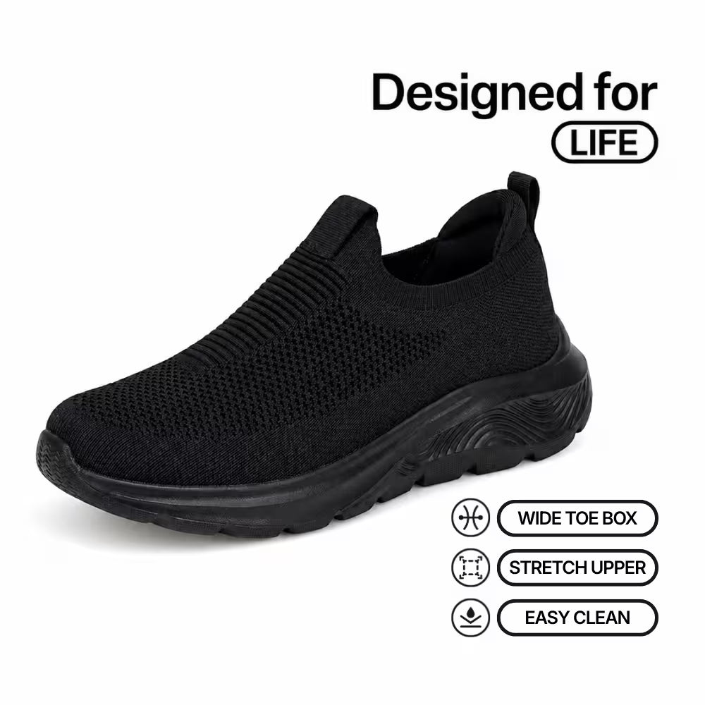 Black knit slip-in sneakers with cushioned dark sole