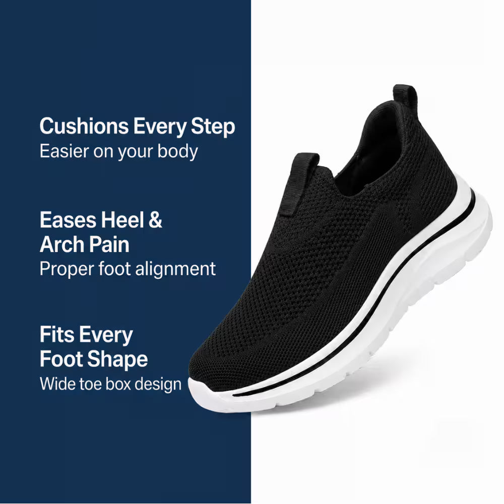 Cloud-Step comfy knit slip-on shoe, black mesh upper with cushioned sole