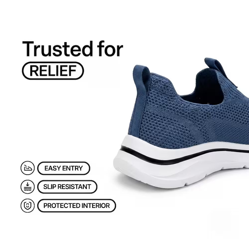 Cloud-Step knit slip-on shoe, blue heel collar and thick cushioned sole