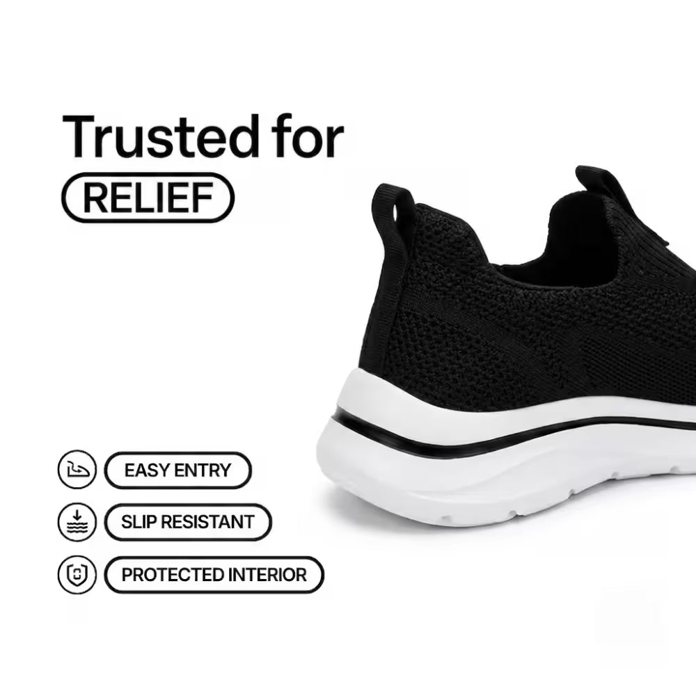 Cloud-Step knit slip-on shoe, black heel collar and thick cushioned sole