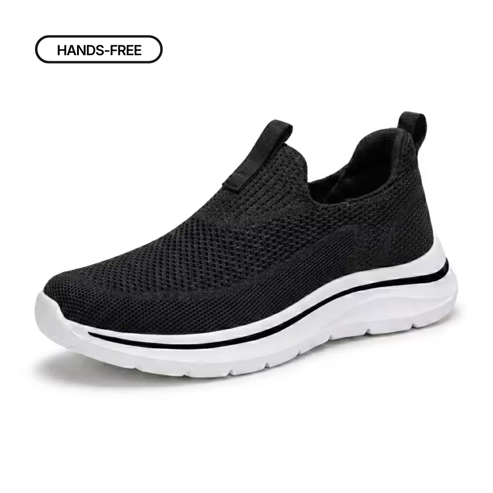 Black knit slip-on sneaker with padded collar and flexible sole