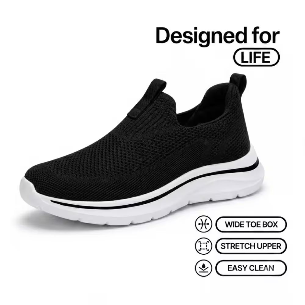 Cloud-Step knit slip-on sneaker, black wide toe box with stretch upper