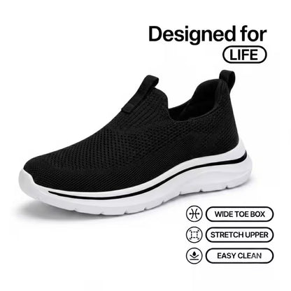 Cloud-Step knit slip-on sneaker, black wide toe box with stretch upper