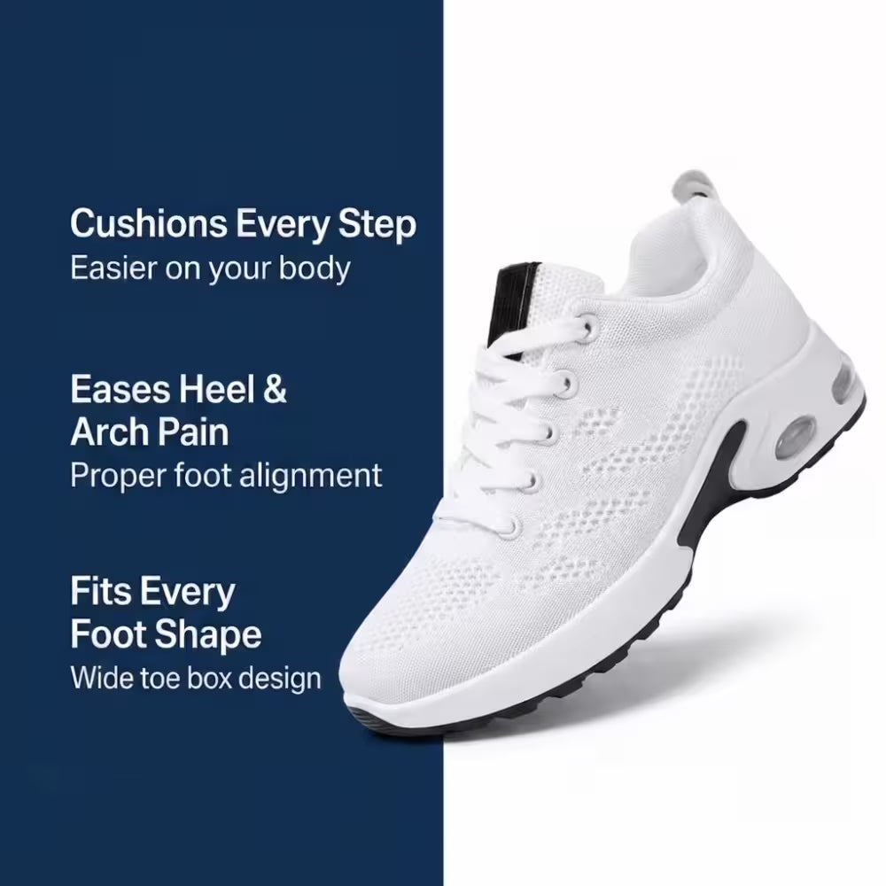 White knit lace-up sneakers with cushioned sole and air-cushion pod detail