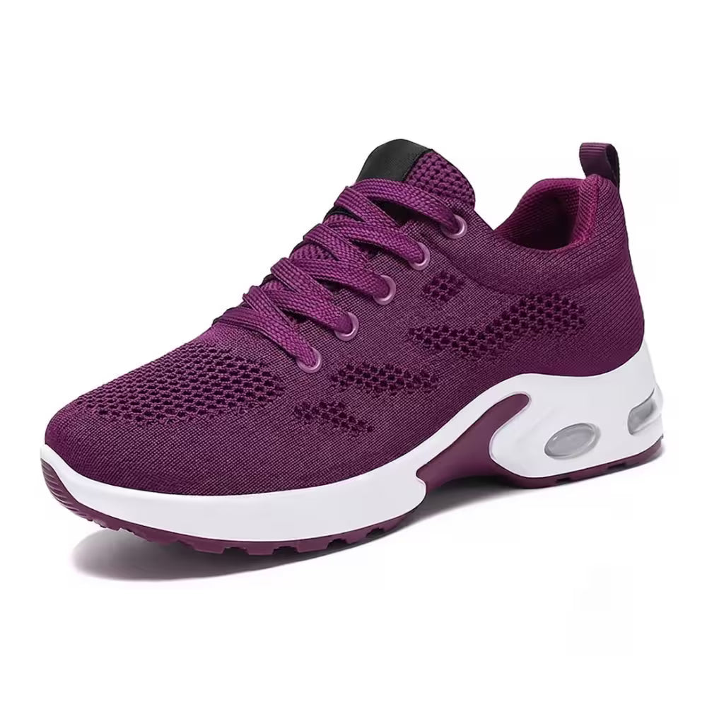 Purple knit lace-up sneakers with cushioned sole and air-cushion pod detail