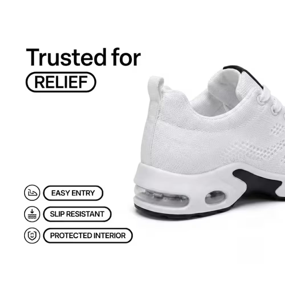 White knit slip-on style sneakers with cushioned sole and air-cushion pod