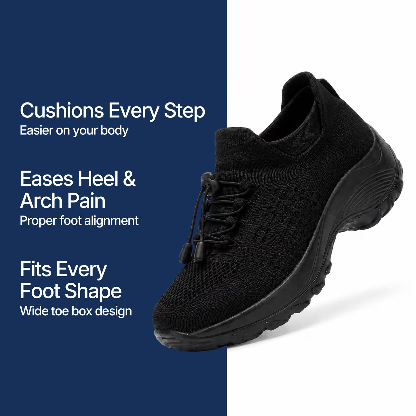 Cloud-Step orthopedic relief shoe: dark knit black upper with padded sole and side stitching.