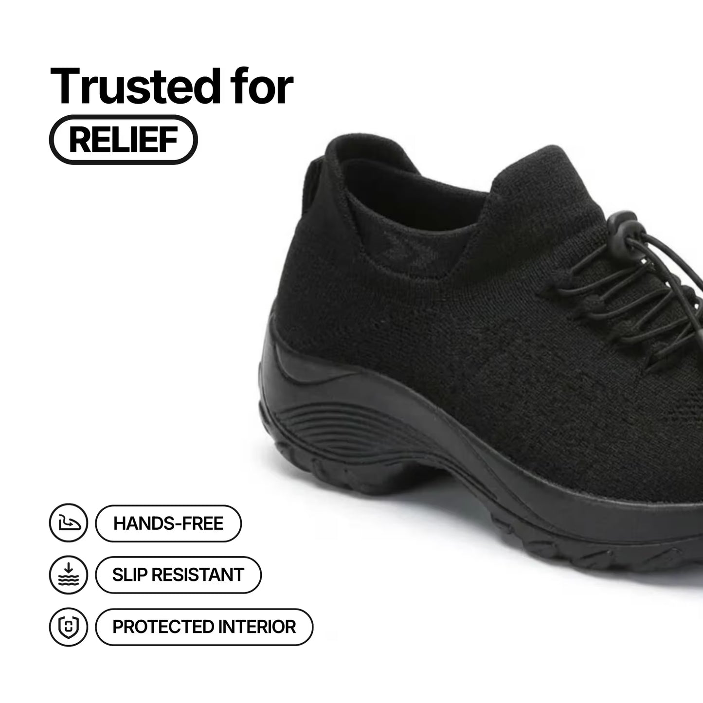 Cloud-Step orthopedic relief shoe: black knit lace-up with cushioned sole, slip-resistant design.