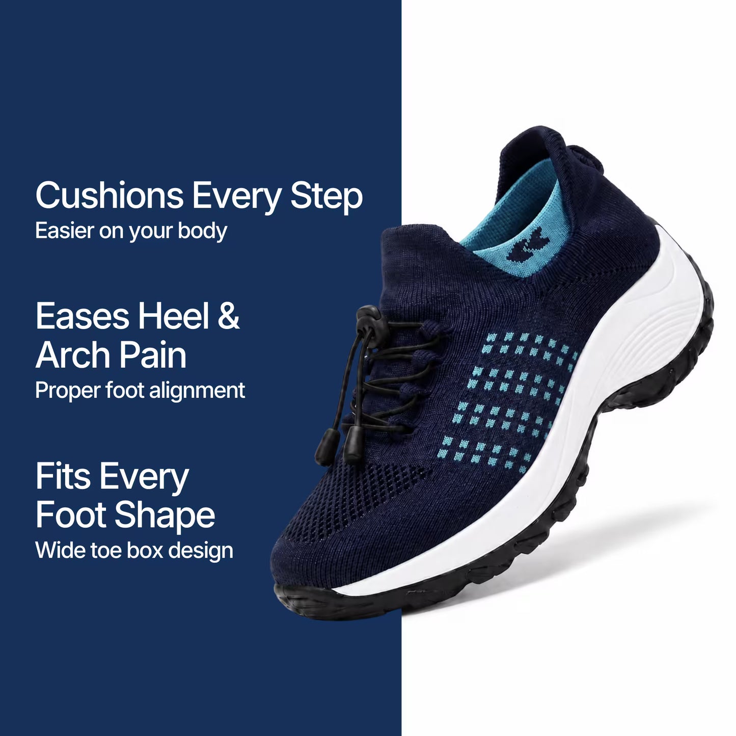 Navy blue knit lace-up sneakers with white sole and aqua-blue grid accents