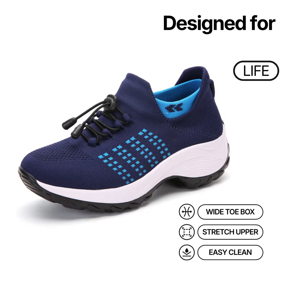 Navy blue knit lace-up sneakers with white sole and aqua-blue dotted grid detail