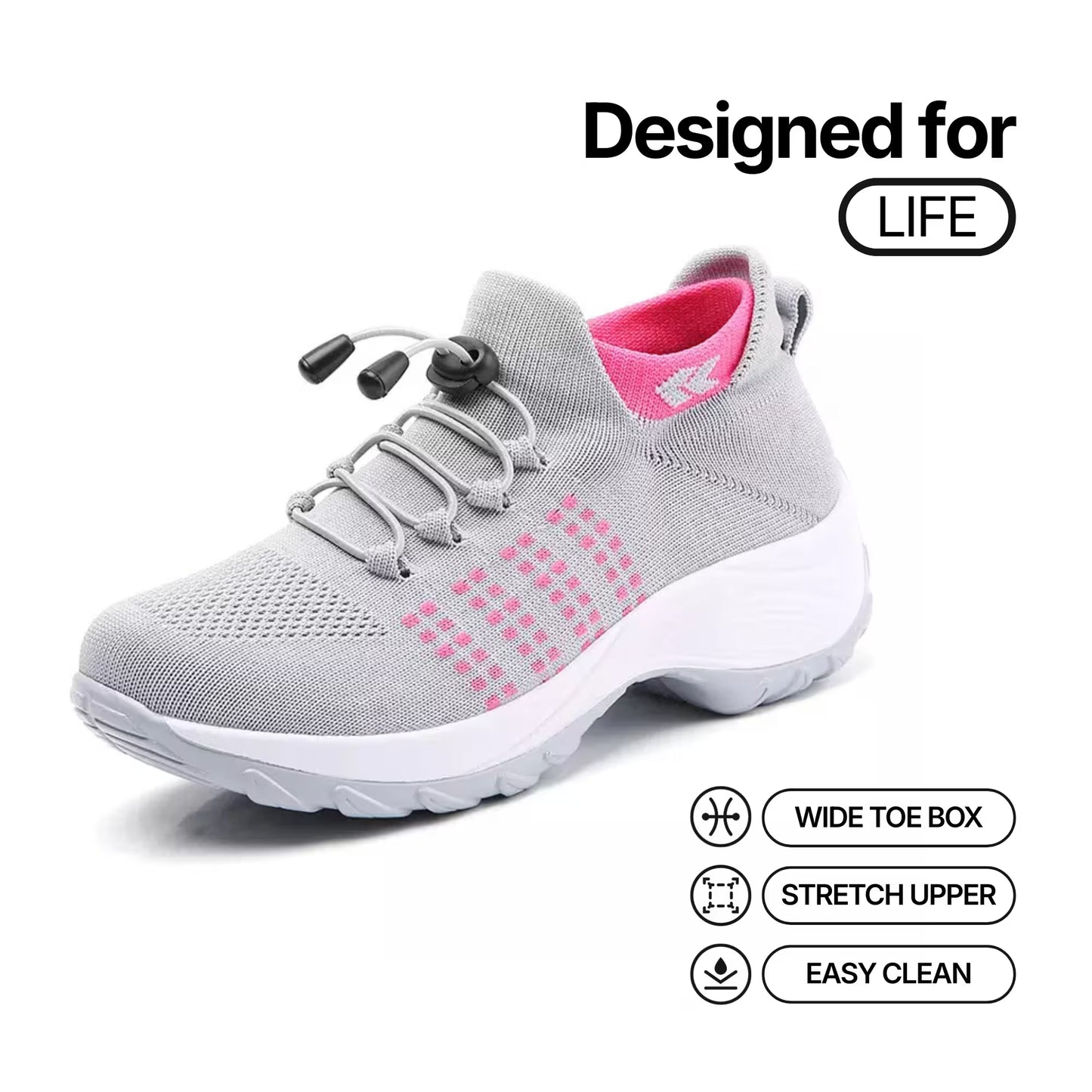 Light gray lace-up sneaker with pink insole collar, wide toe box and textured upper