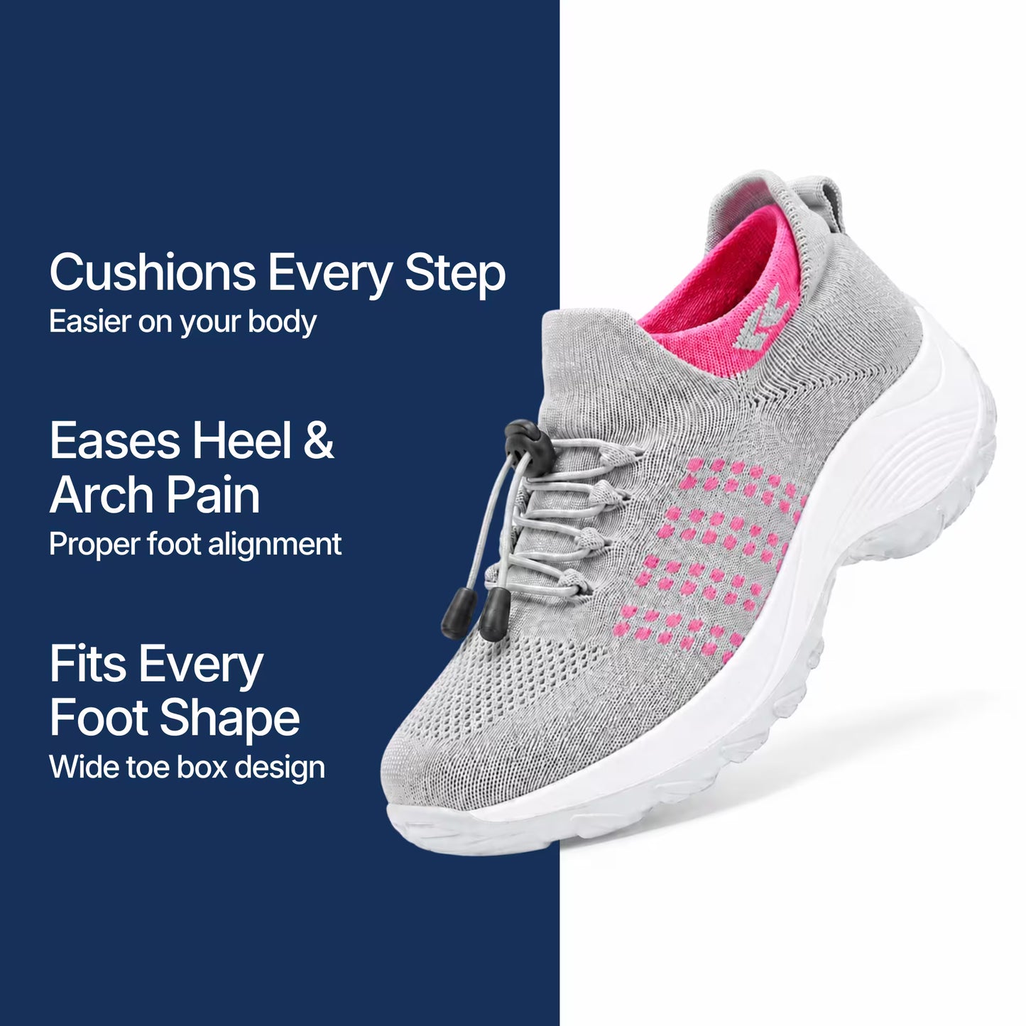 Light gray orthopedic sneaker with pink dotted stripe, cushioned sole and heel padding