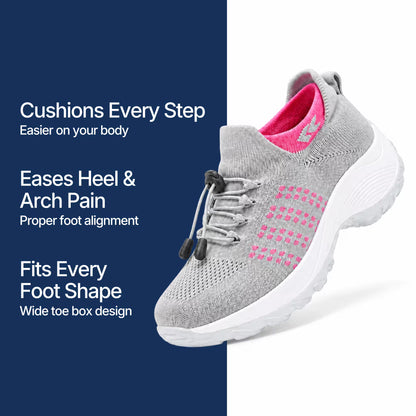 Light gray orthopedic sneaker with pink dotted stripe, cushioned sole and heel padding