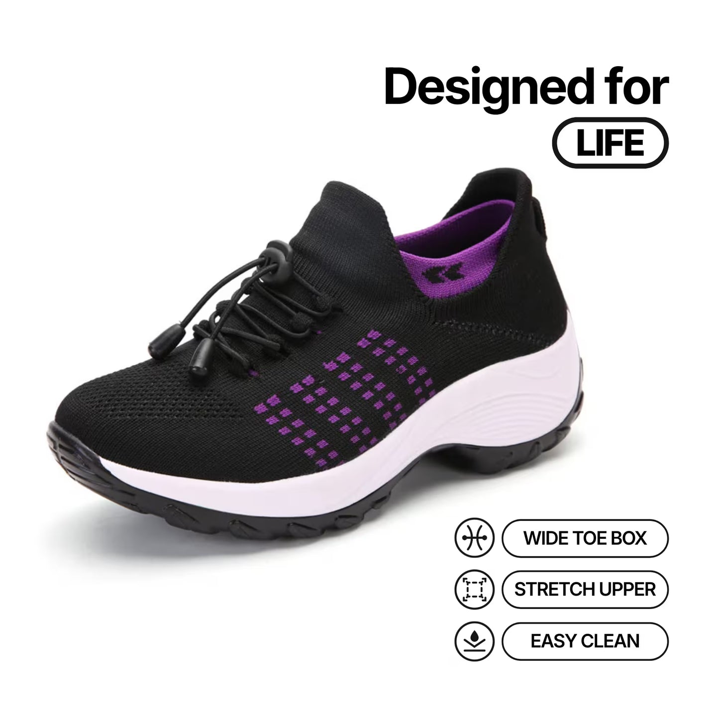 Cloud-Step orthopedic relief shoe: black knit upper with purple pattern, white sole.