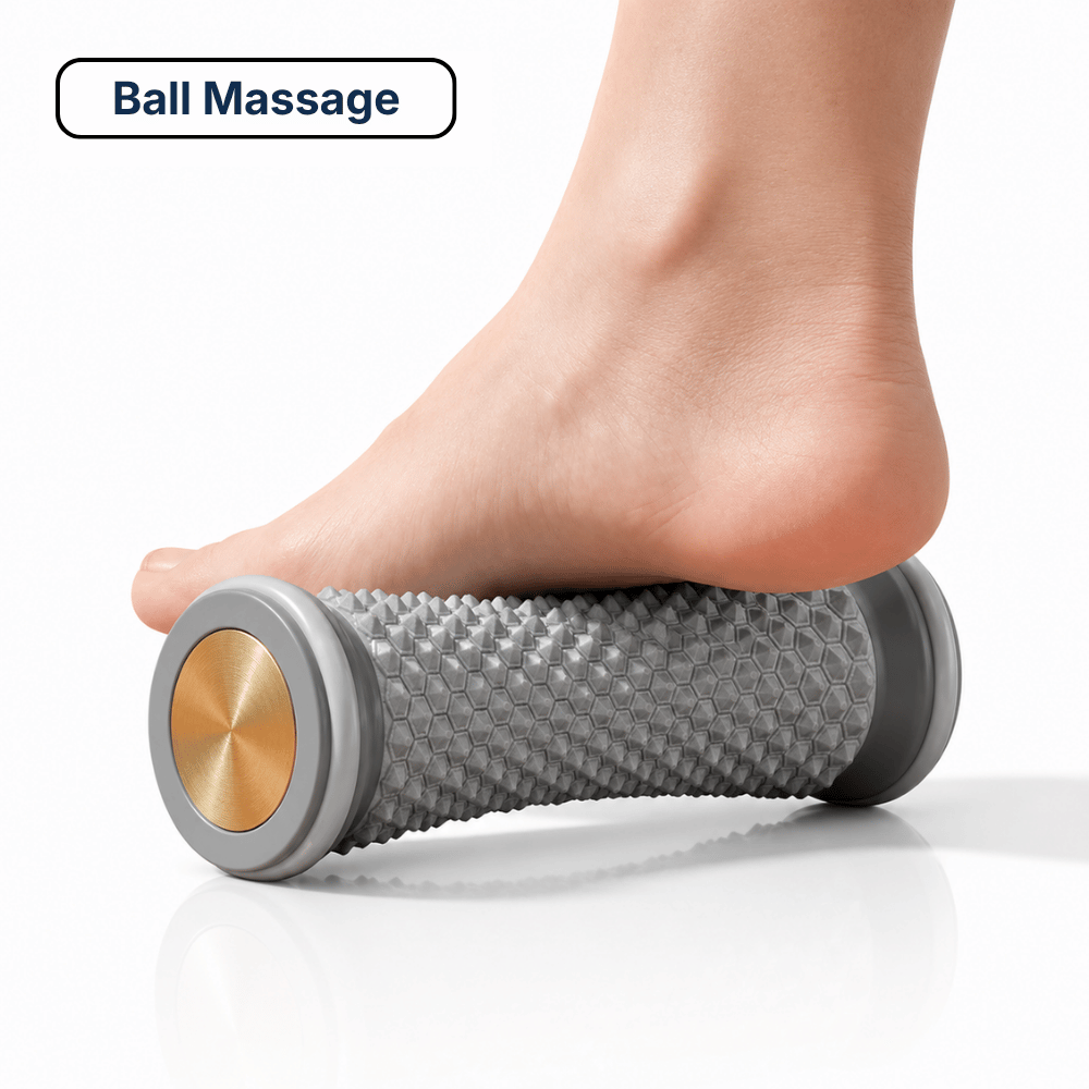 Gray ball massage foot roller with hex-textured grip and gold circular end pad